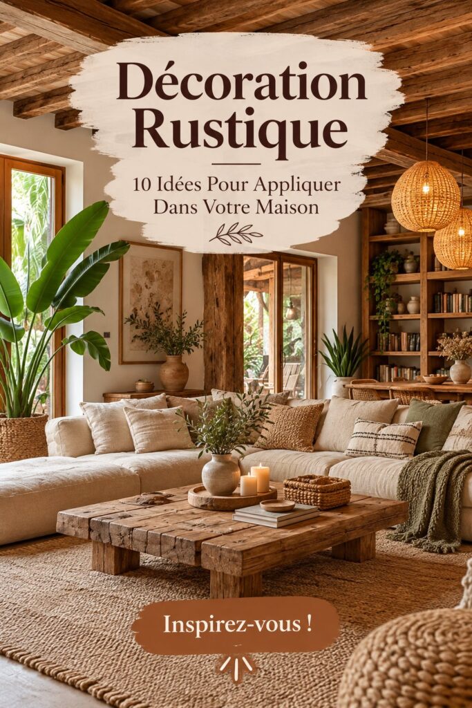 Salon décoré dans un style rustique avec du bois et des éléments naturels