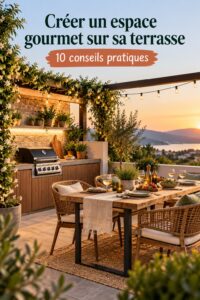 Un balcon décoré avec des meubles en bois et des plantes, parfait pour les repas en extérieur.