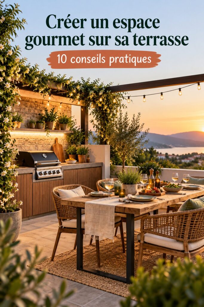 Un balcon décoré avec des meubles en bois et des plantes, parfait pour les repas en extérieur.