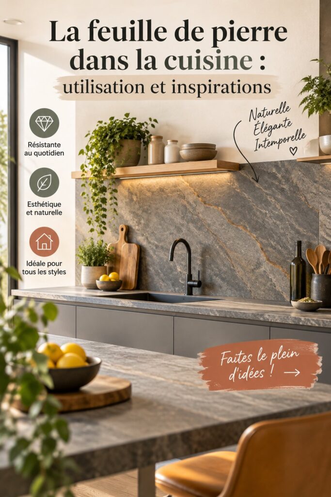 Cuisine moderne avec plan de travail en feuille de pierre, style chic et accueillant.