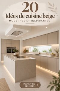 Cuisine moderne avec des armoires beige et un éclairage chaleureux.