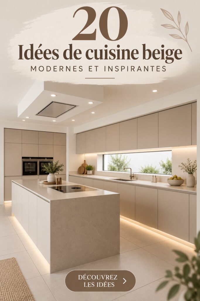 Cuisine moderne avec des armoires beige et un éclairage chaleureux.