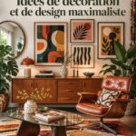 Salon décoré dans un style maximaliste avec des couleurs vives et des motifs variés.