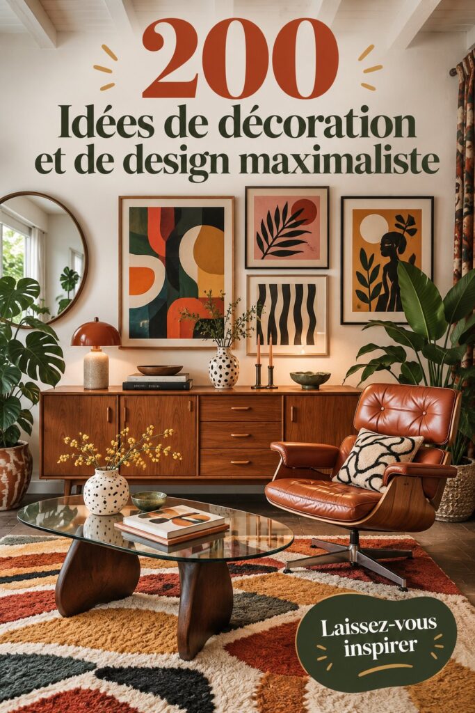 Salon décoré dans un style maximaliste avec des couleurs vives et des motifs variés.