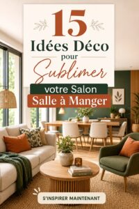 Un salon élégant et accueillant avec une salle à manger intégrée, décorée de manière chaleureuse.