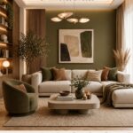 Un salon décoré en vert olive avec des meubles chaleureux et cosy.