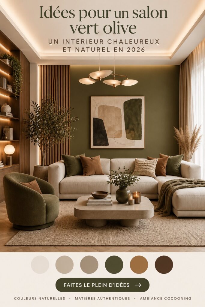 Un salon décoré en vert olive avec des meubles chaleureux et cosy.