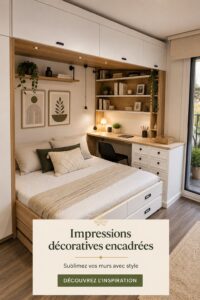 Salon chaleureux avec des impressions encadrées au mur, apportant une touche décorative.