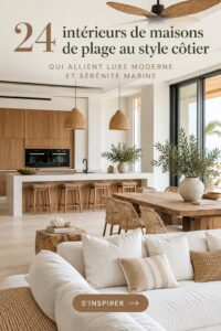 Salon moderne avec des touches de décoration côtière et des matériaux naturels