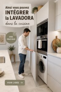 Cuisine moderne avec un lave-linge intégré de manière élégante et esthétique
