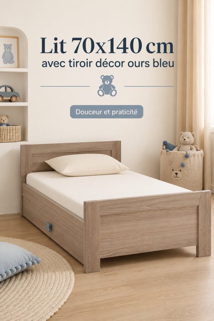 Lit enfant de 70x140 cm décoré d'ours bleus dans une chambre chaleureuse.