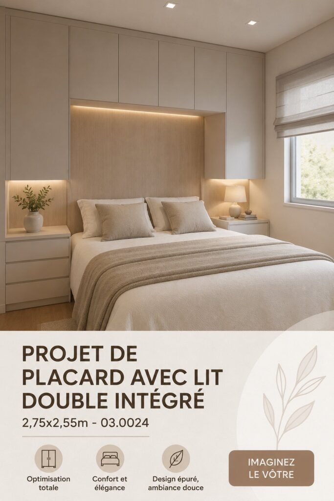Chambre moderne avec un lit escamotable et un dressing intégré, offrant un espace chaleureux et pratique.