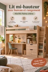 Lit mi-hauteur en chêne avec bureau et rangement intégré, idéal pour une chambre d'enfant.
