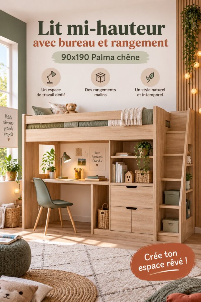 Lit mi-hauteur en chêne avec bureau et rangement intégré, idéal pour une chambre d'enfant.