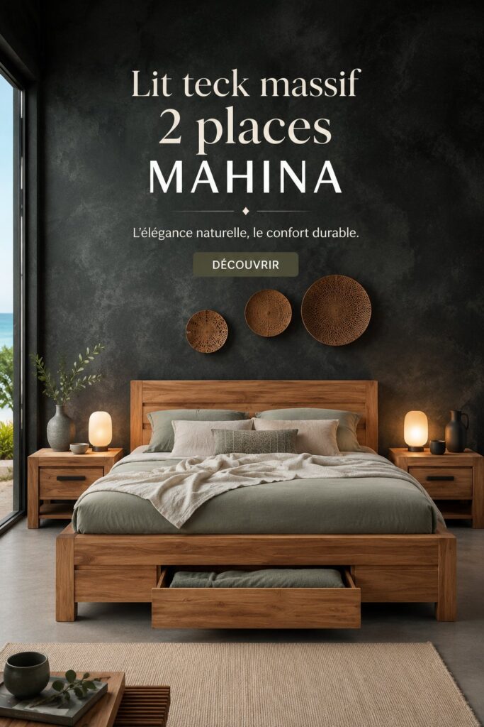 Lit en teck massif Mahina dans une chambre moderne avec décoration scandinave.