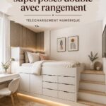 Lits superposés doubles avec rangement dans une chambre décorée de manière chaleureuse