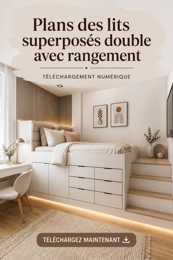 Lits superposés doubles avec rangement dans une chambre décorée de manière chaleureuse