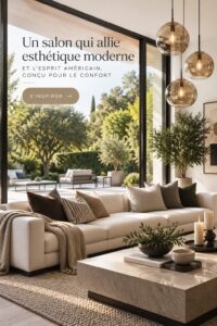 Salon moderne alliant confort et charme américain, avec un mobilier accueillant.