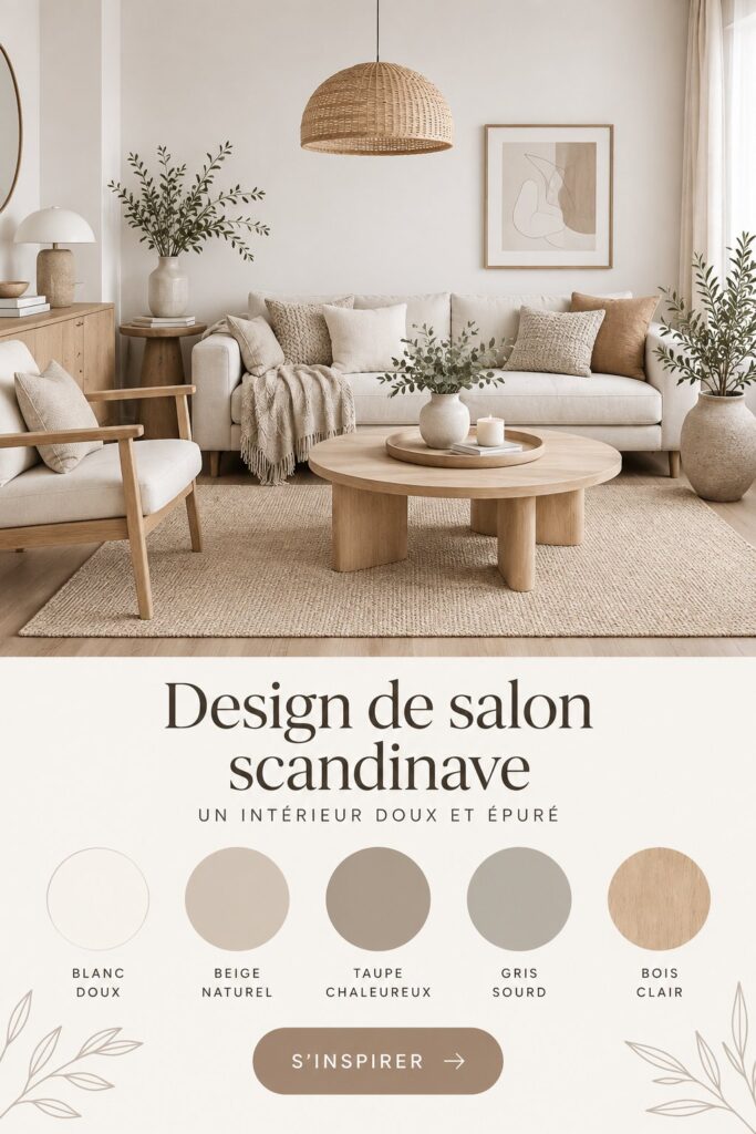 Salon scandinave moderne et chaleureux avec des meubles en bois clair.