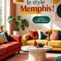 Salon décoré dans le style Memphis avec des meubles colorés et des motifs graphiques.