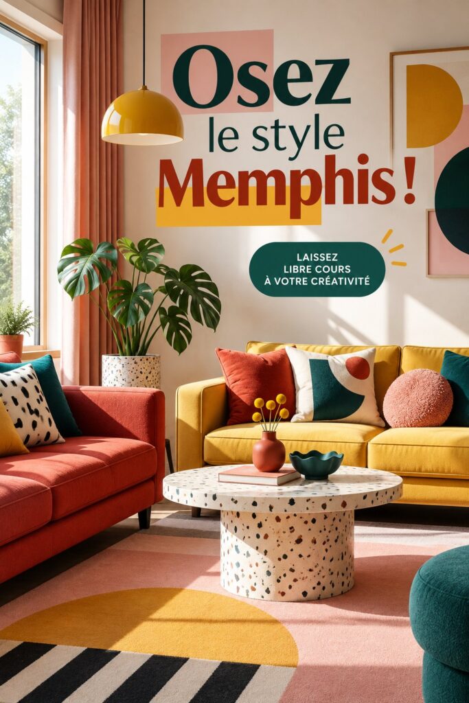 Salon décoré dans le style Memphis avec des meubles colorés et des motifs graphiques.