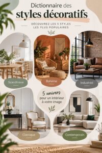 Divers styles décoratifs dans un salon moderne avec des éléments chaleureux.