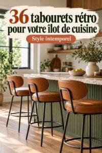 Un îlot de cuisine avec des tabourets mid-century modernes et stylés