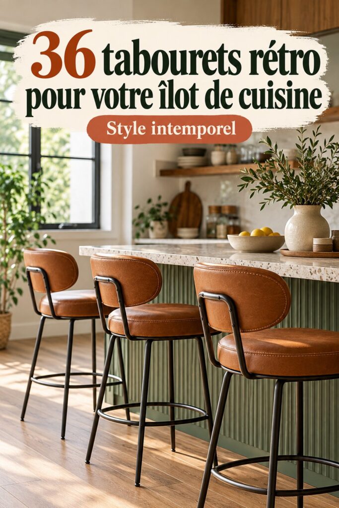 Un îlot de cuisine avec des tabourets mid-century modernes et stylés