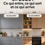 Vue d'une cuisine moderne inspirée des tendances 2026, avec des couleurs neutres et des éléments en bois.