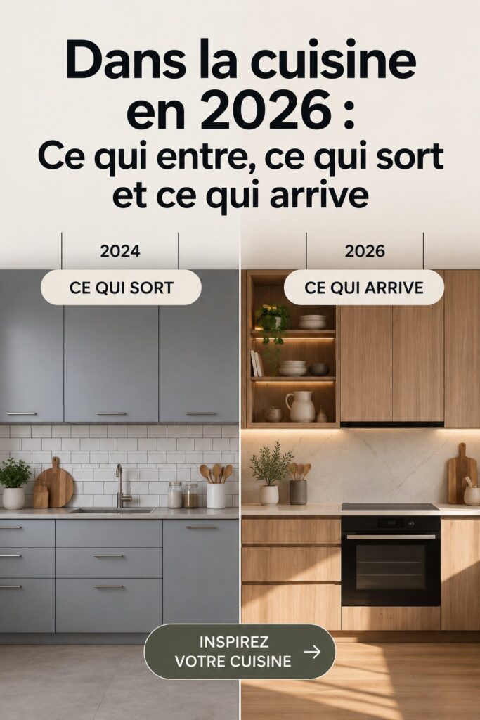 Vue d'une cuisine moderne inspirée des tendances 2026, avec des couleurs neutres et des éléments en bois.
