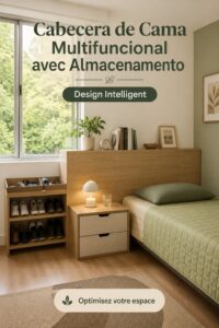 Tête de lit moderne multifonction avec rangement intégré dans une chambre élégante.