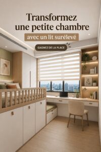 Une petite chambre moderne avec un lit surélevé et un espace de rangement en dessous.