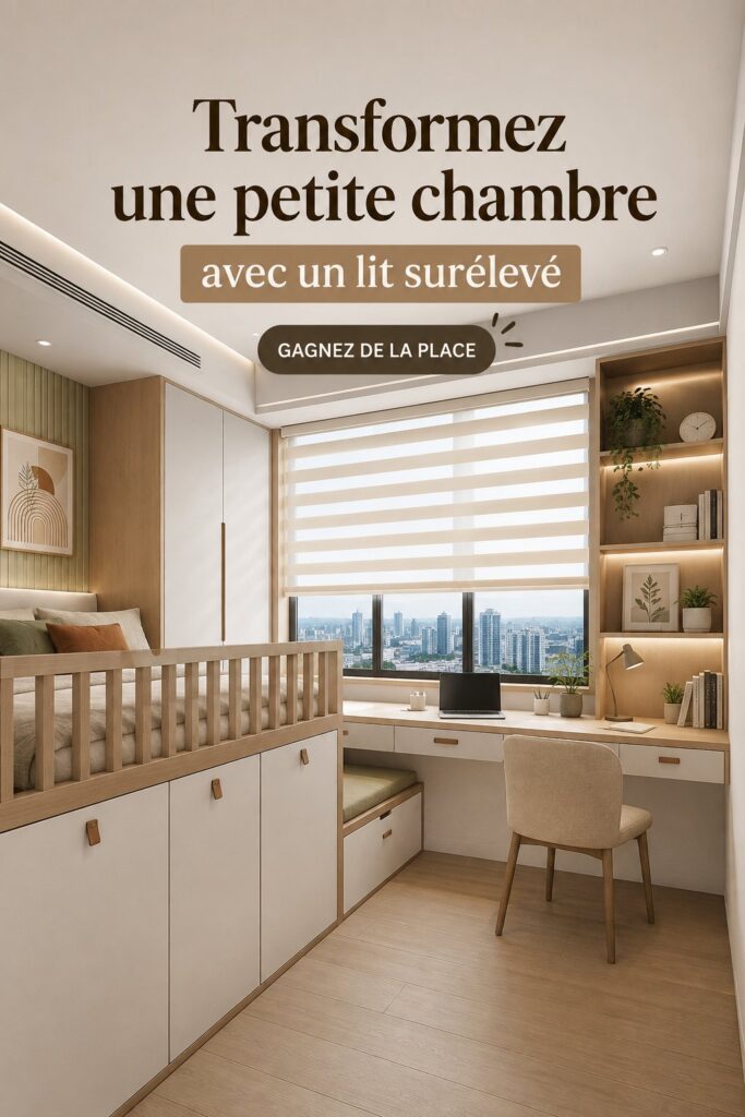Une petite chambre moderne avec un lit surélevé et un espace de rangement en dessous.