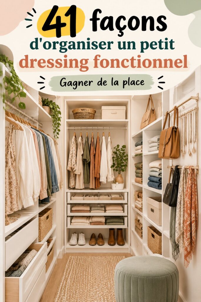 Un petit dressing organisé avec des étagères et des rangements astucieux, illustrant des idées fonctionnelles.