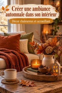 Un salon décoré pour l'automne avec des couleurs chaudes et des accessoires chaleureux.