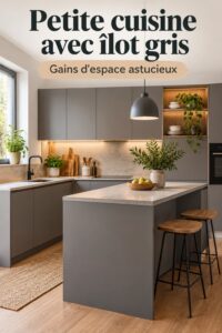 Vue d'une petite cuisine moderne avec un îlot gris élégant et pratique