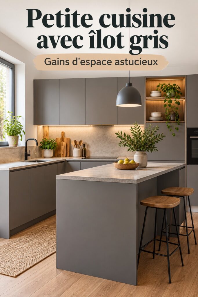 Vue d'une petite cuisine moderne avec un îlot gris élégant et pratique