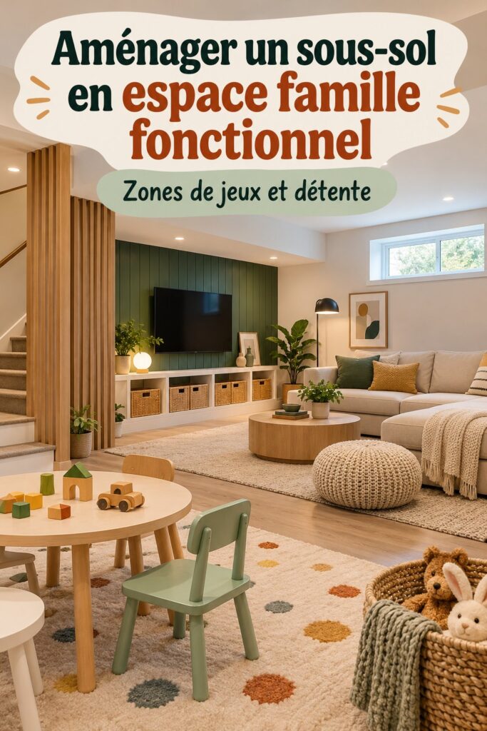 Sous-sol aménagé en espace familial fonctionnel avec un coin salon chaleureux.