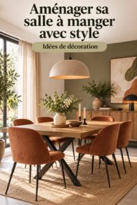 Salle à manger chaleureuse avec une belle table en bois et des chaises confortables.