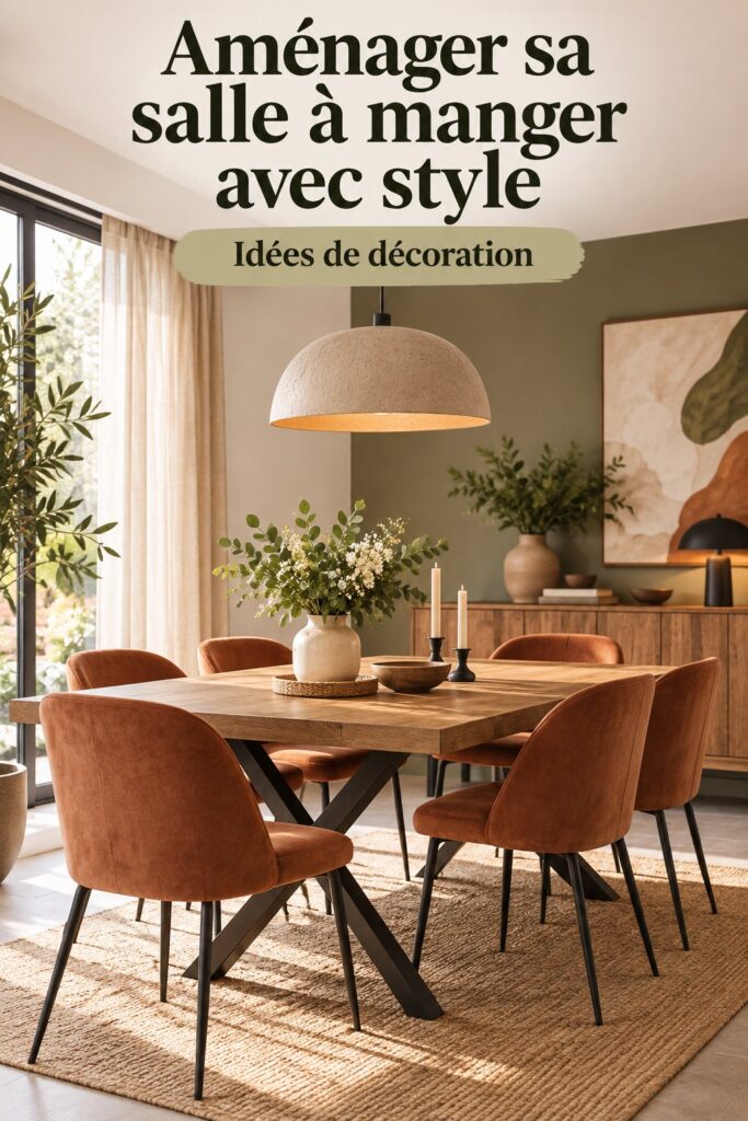 Salle à manger chaleureuse avec une belle table en bois et des chaises confortables.