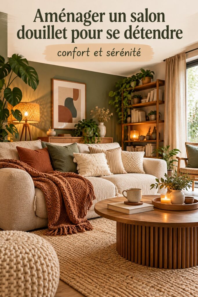Salon douillet aménagé avec des couleurs chaudes et des textures confortables.