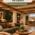 Un sous-sol aménagé avec des poutres en bois apparentes et un espace confortable.