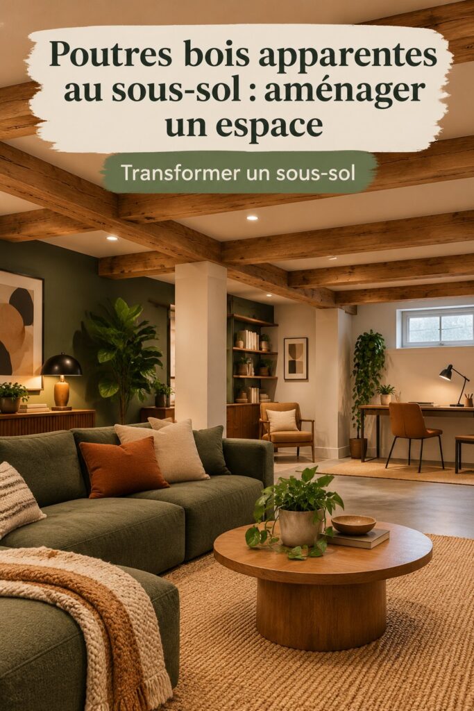 Un sous-sol aménagé avec des poutres en bois apparentes et un espace confortable.