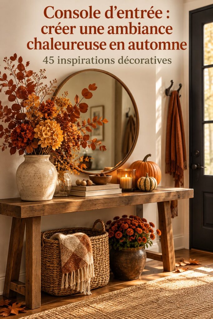 Console d'entrée décorée pour l'automne avec des éléments chaleureux.