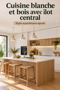Cuisine moderne avec des éléments en bois et un design blanc chaleureux.