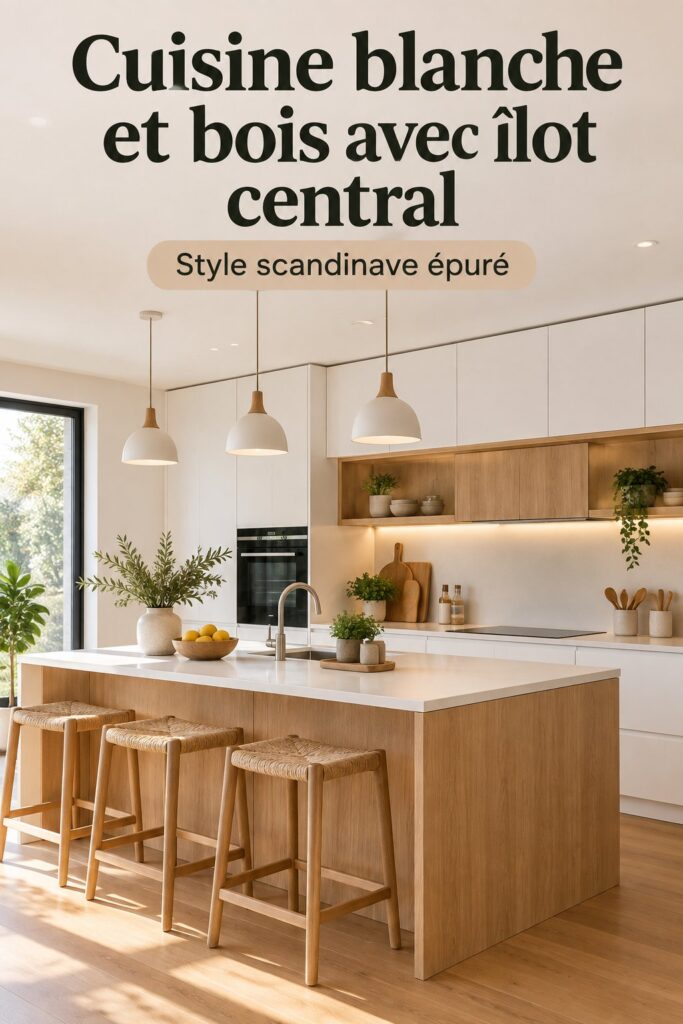 Cuisine moderne avec des éléments en bois et un design blanc chaleureux.