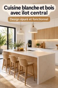 Cuisine moderne en blanc et bois avec un îlot central chaleureux
