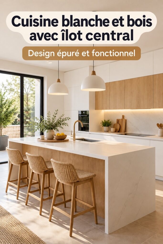 Cuisine moderne en blanc et bois avec un îlot central chaleureux