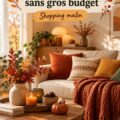 Salon cosy décoré pour l'automne avec des accessoires chaleureux.
