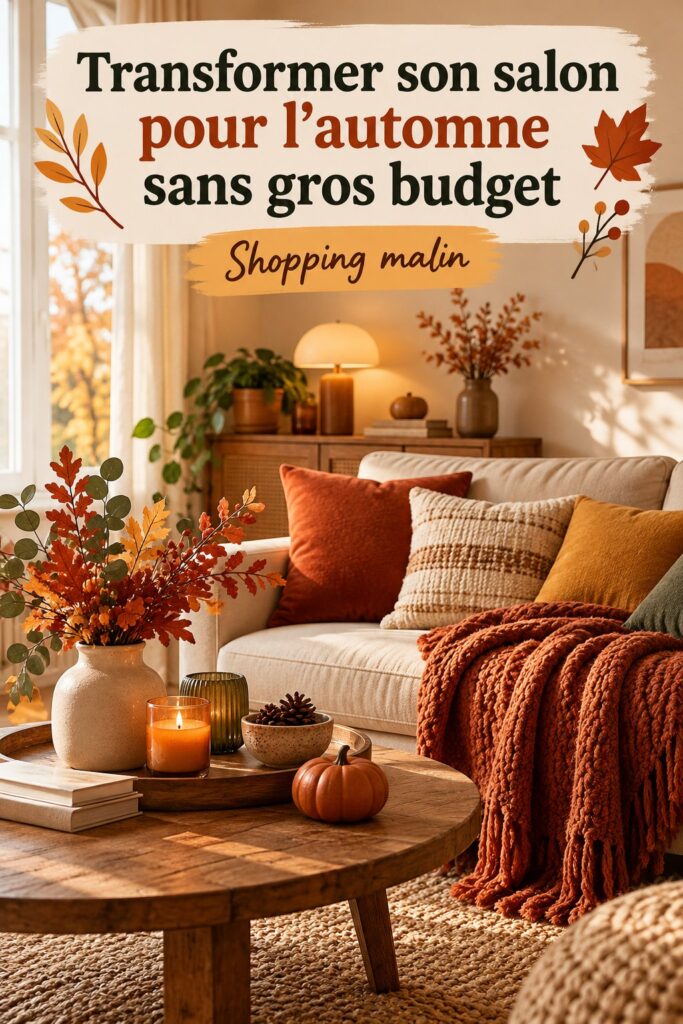 Salon cosy décoré pour l'automne avec des accessoires chaleureux.
